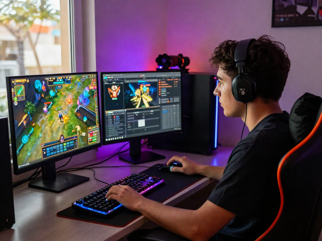 Player immersed in a slot gacor session with vibrant graphics and gaming setup