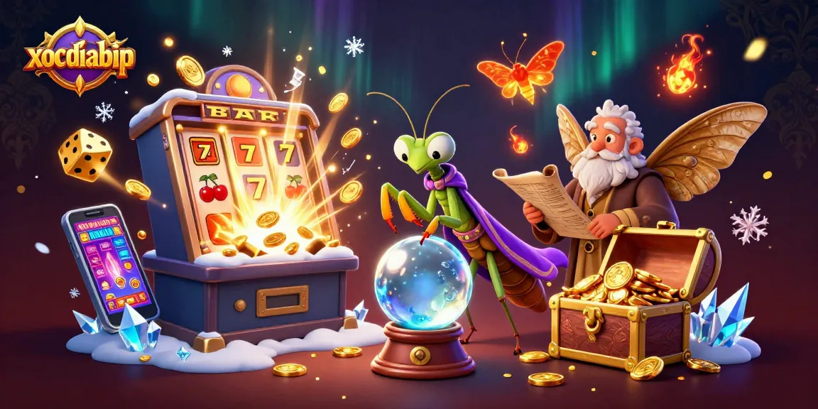 xocdiabip showcases a whimsical casino scene with a fortune teller, a moth librarian, jackpot explosions, and gaming excitement