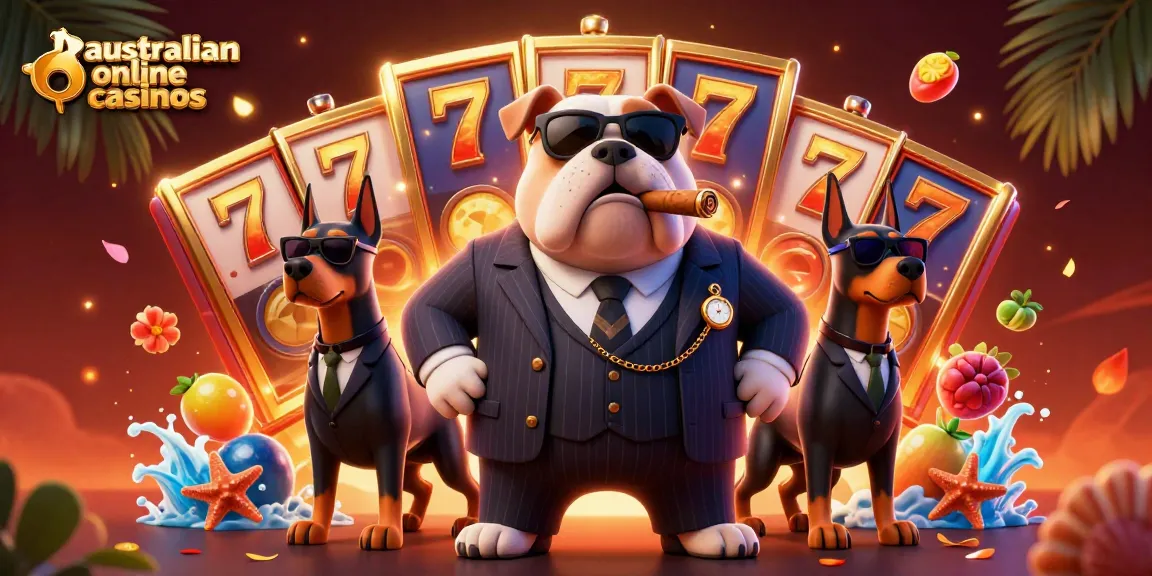 A dynamic 3D scene showcasing a mafia bulldog and Doberman guards in suits amidst exciting australian online casinos elements.
