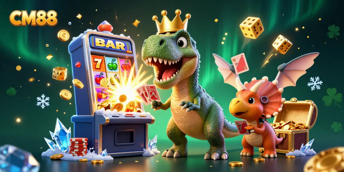 Experience the excitement of CM88 with vibrant slot machines, T-Rex, and friendly dinosaurs playing cards.