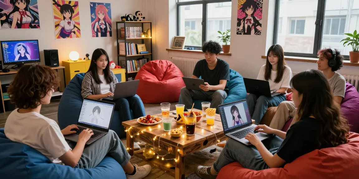 Engaging group enjoying hentai chat in vibrant loft with laptops and anime decor