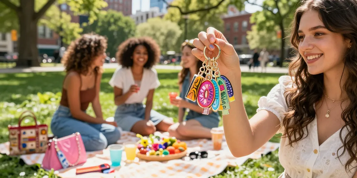 Acrylic Diamond Keychains displayed in a lively park setting, highlighting custom designs and vibrant colours while friends enjoy a sunny picnic.