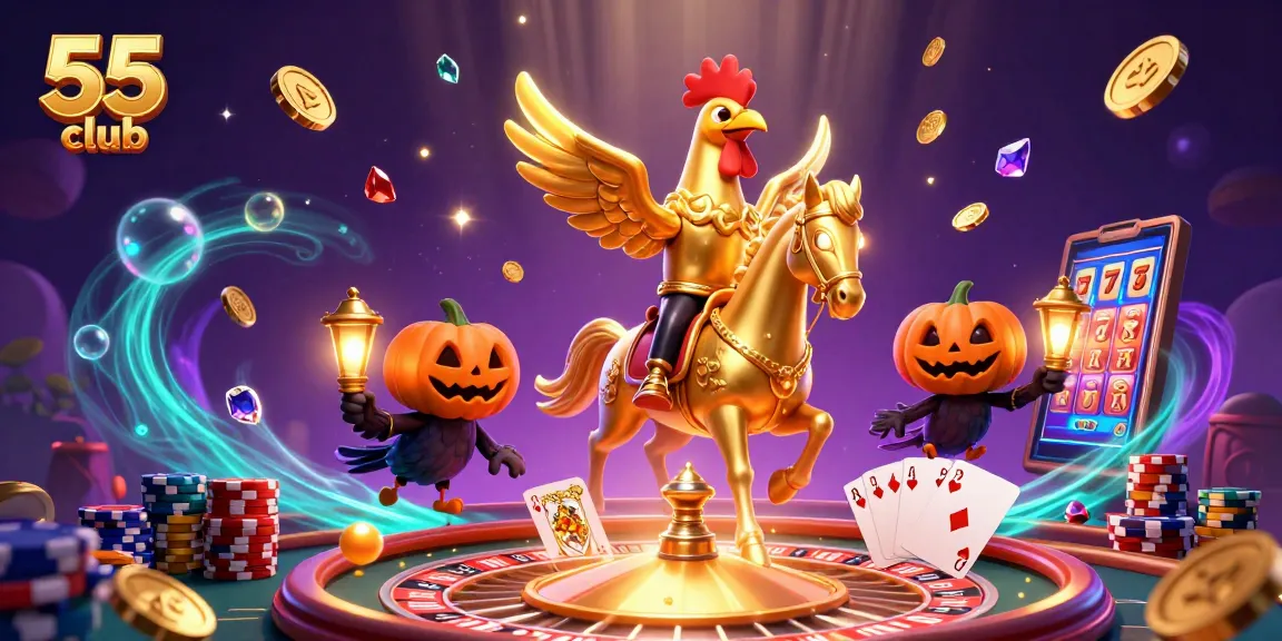 Join the excitement at 55 club with golden rooster and poker elements in action!
