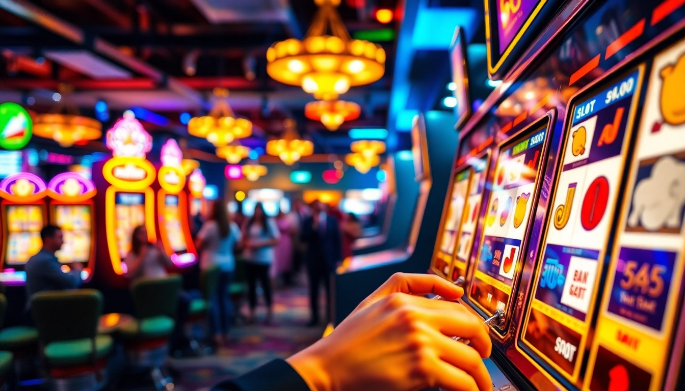 Experience the thrill of slot gambling with vibrant machines and excited players in a lively casino.