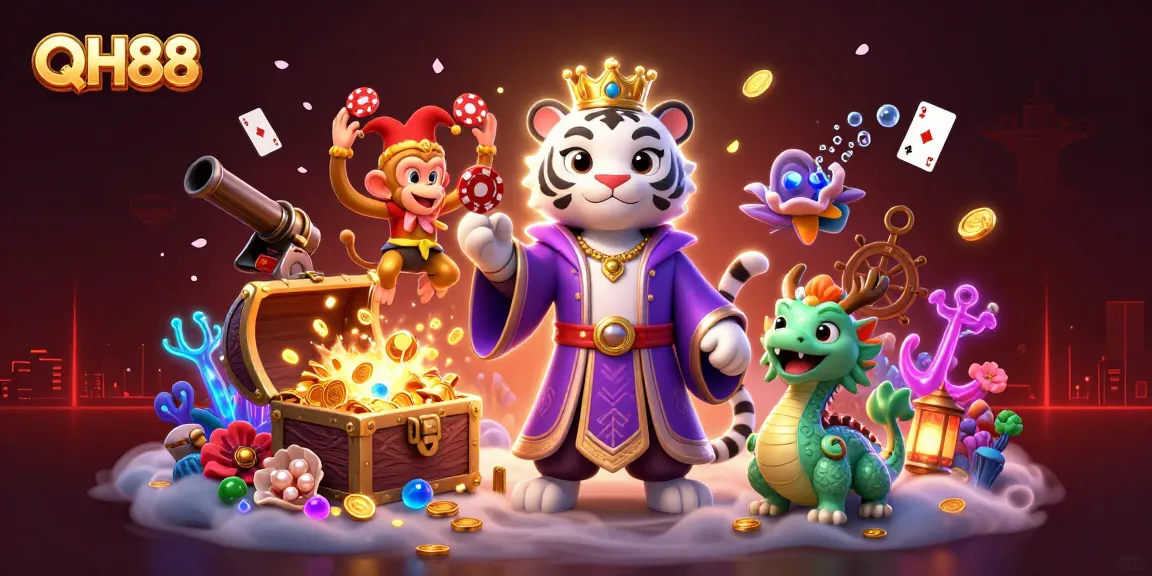 Engage with QH88's exciting world as the playful golden monkey juggles poker chips in this vibrant casino scene.
