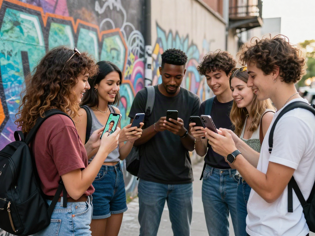 Friends using an app to determine how old do I look in an urban setting, highlighting youthful interactions.