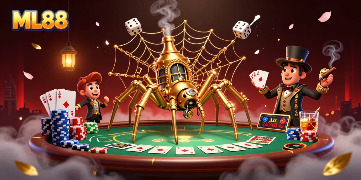 Experience the excitement of ML88 with a steampunk spider catching dice and poker elements.