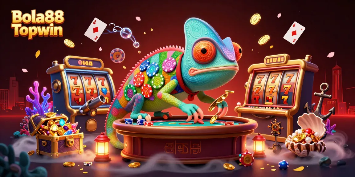 Bola88 Topwin showcases vibrant slot reels with a colorful chameleon owner in a lively casino scene.