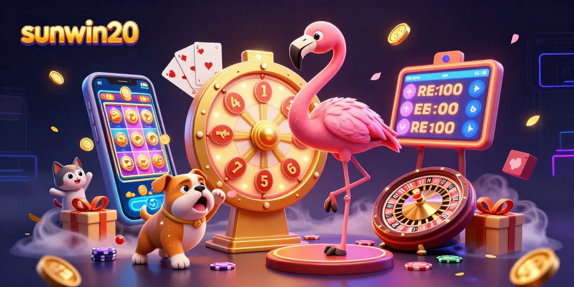 Join the excitement of sunwin20 with a game show host flamingo spinning a prize wheel amidst vibrant casino elements.