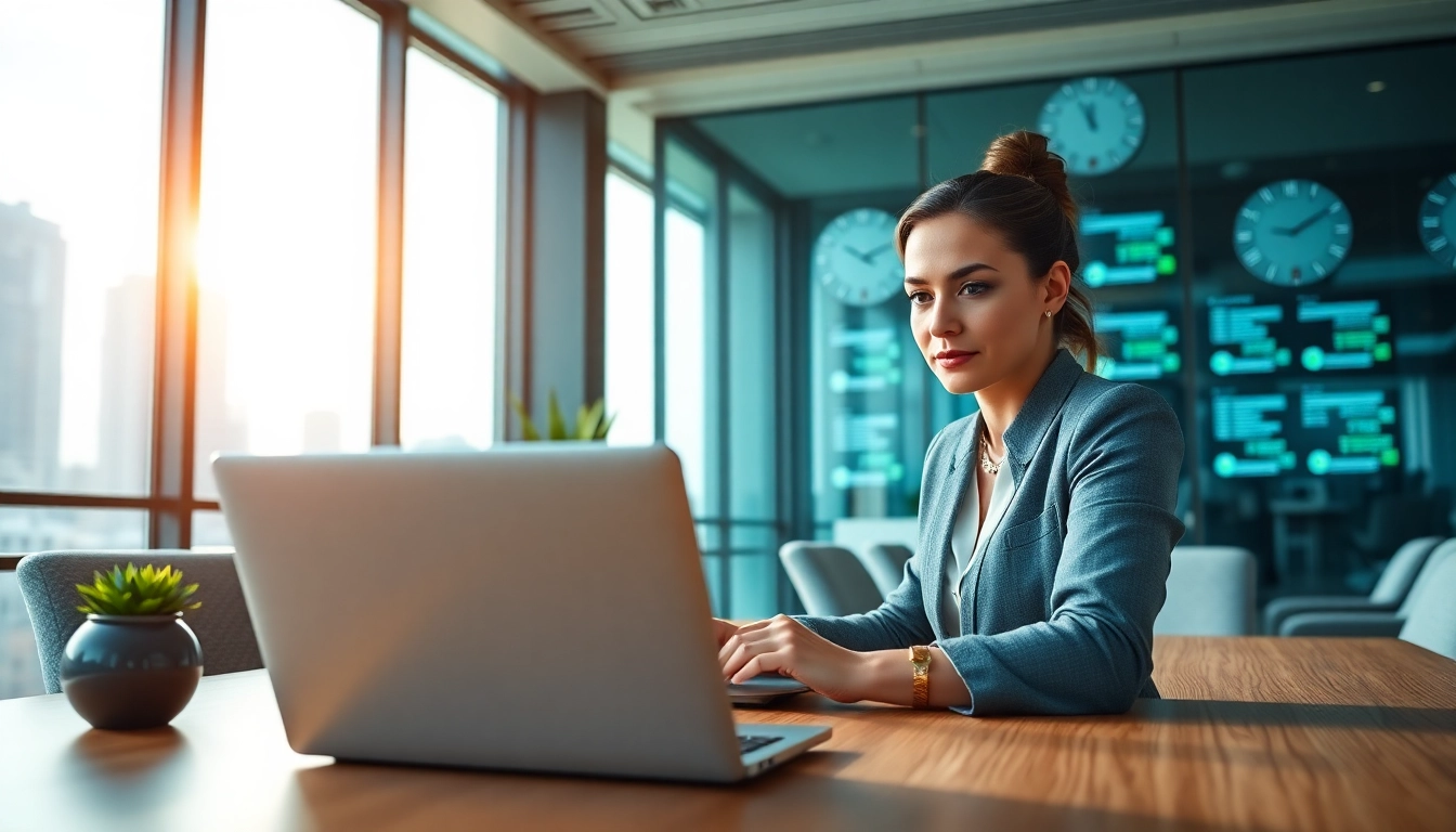 Optimize AI scheduling with time zones in a professional office environment with digital clocks.