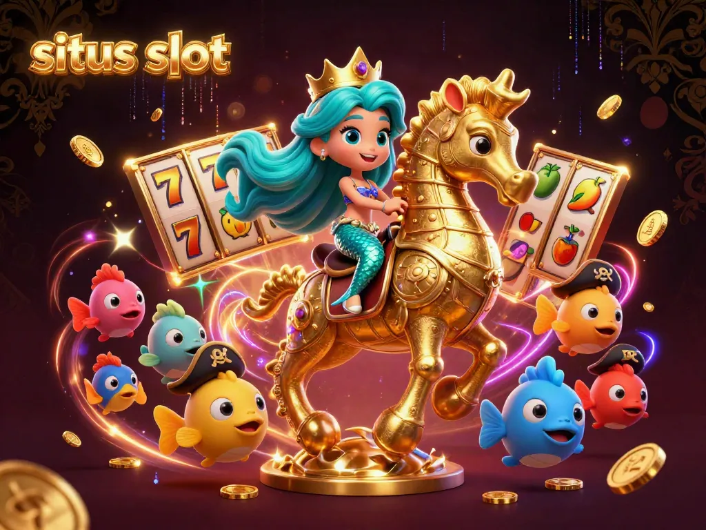 Situs slot featuring a vibrant 3D cartoon scene of a mermaid princess riding a seahorse, surrounded by colorful symbols.