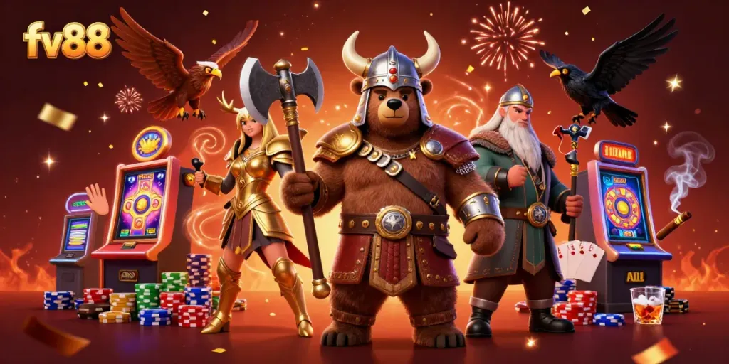 Experience thrilling gameplay at fv88 with the Viking berserker and Valkyrie in a vivid casino scene.