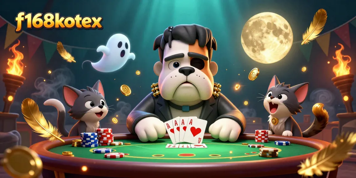 Join the thrilling f168kotex poker showdown with a ghostly twist and vibrant cartoon visuals.