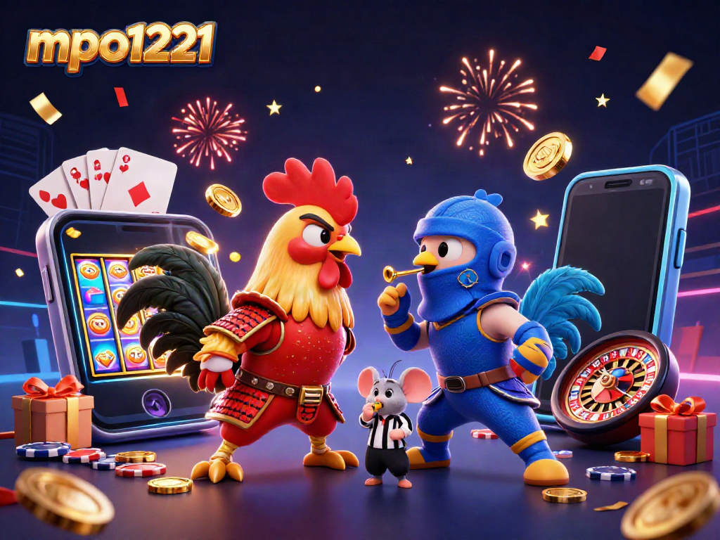 Engage with mpo1221 in a thrilling battle between samurai and ninja roosters amid vibrant casino elements.