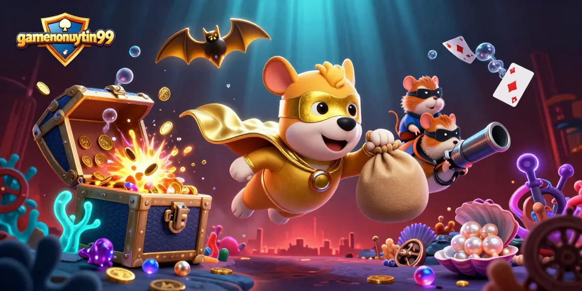 Experience the thrill of gamenohuuytin99 with a superhero dog soaring over treasure and poker chips.