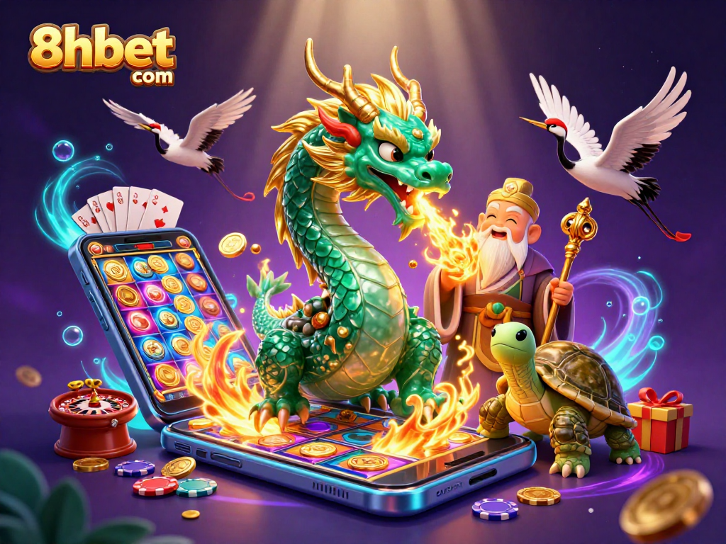 Win big with 8xbet com's vibrant casino scene showcasing dragon, turtle, and cranes.