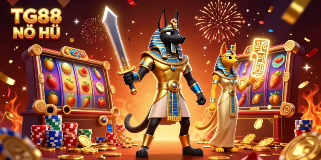 Experience the thrill of TG88 NỔ HŨ with vibrant slots action, golden coins, and dynamic characters.