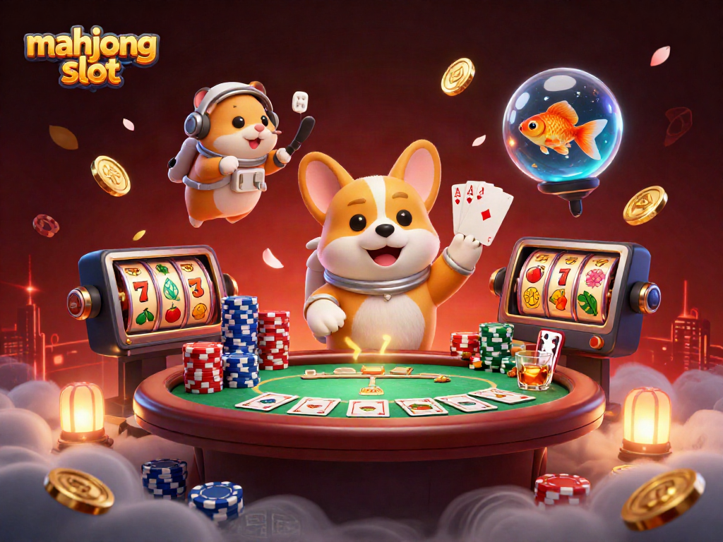 Experience the mahjong slot adventure with floating characters in a vibrant casino scene.