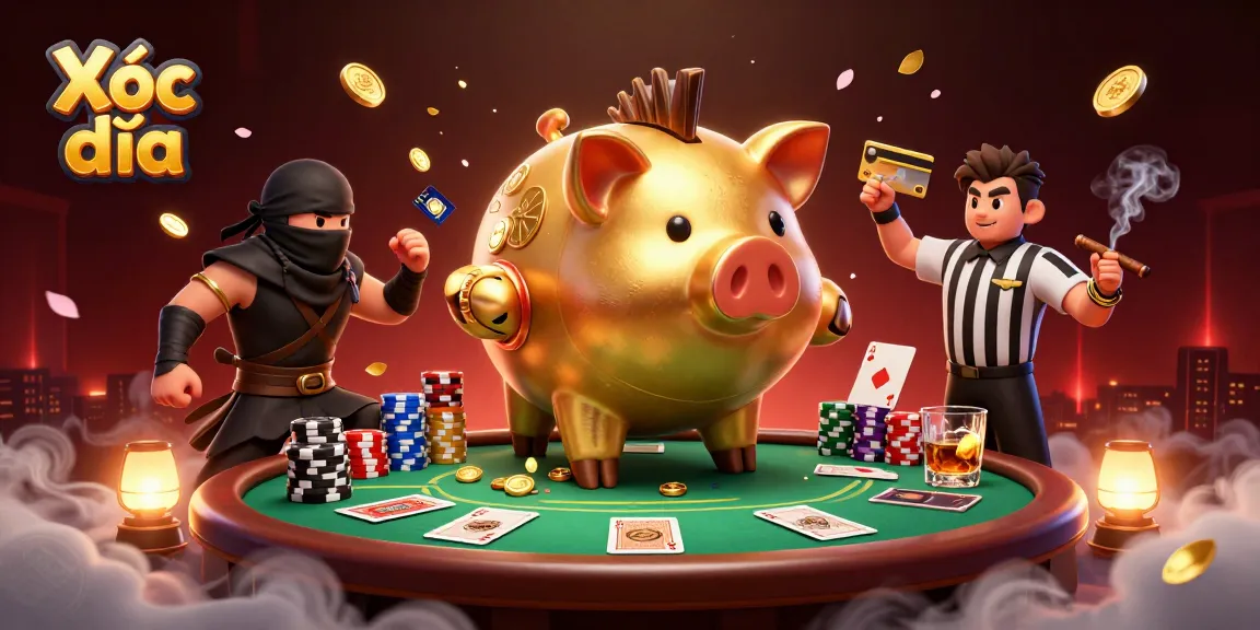 Xóc đĩa thrilling game illustration with a golden piggy bank wrestler surrounded by poker elements and festive decorations.