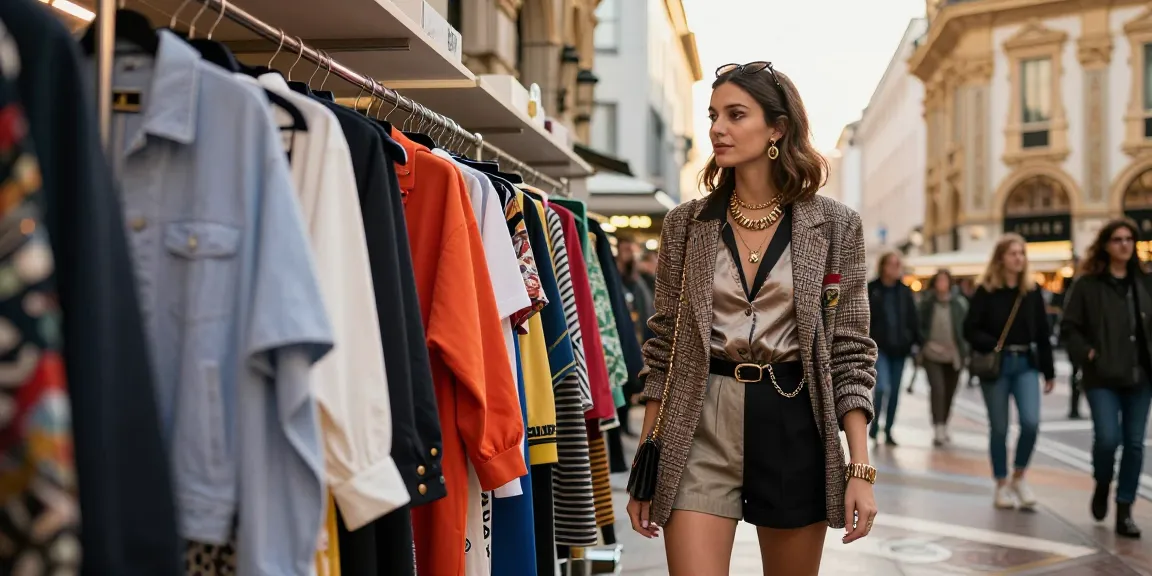 Consulenza d'immagine Milano: donna alla moda in un vivace quartiere milanese, mostrando il suo stile unico con un guardaroba aperto in evidenza.