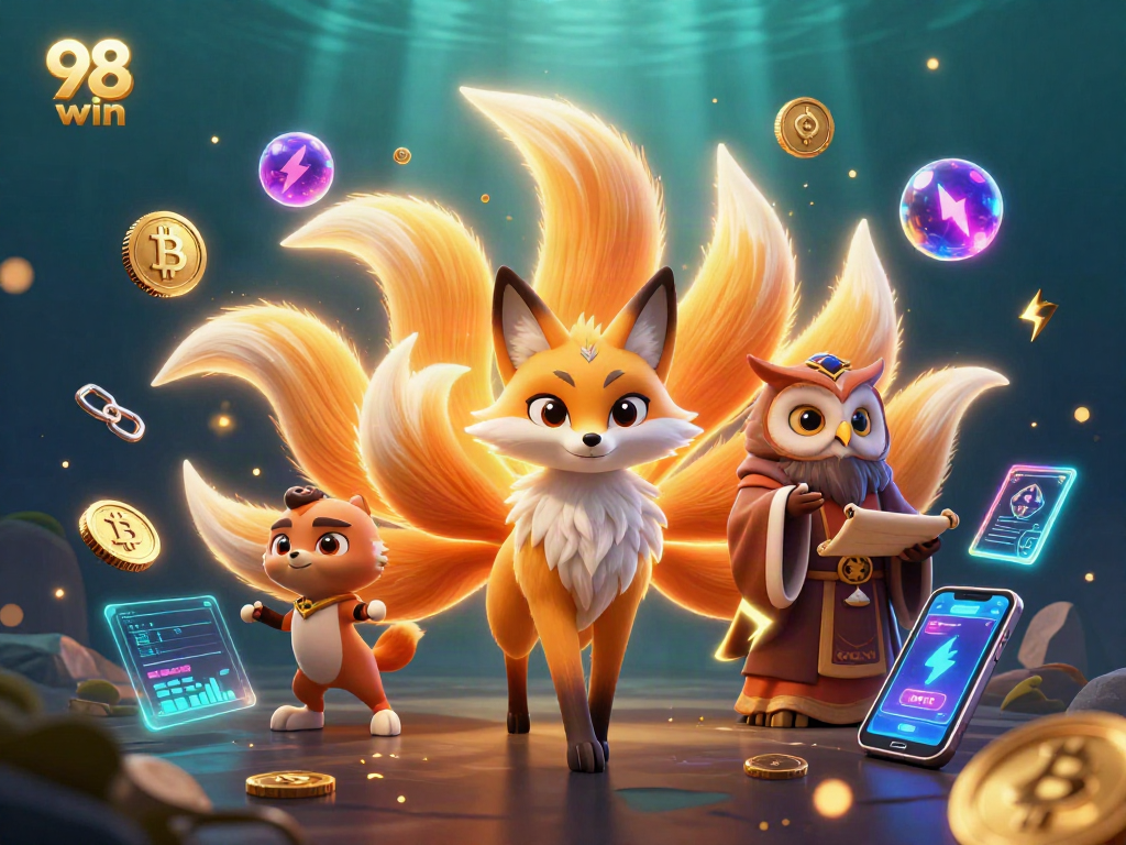Experience vibrant gameplay at 98 win, showcasing a magical fox and crypto elements in a dynamic casino scene.