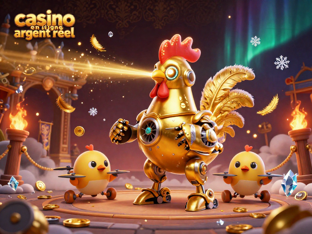 Vivez l'expérience d'un casino en ligne argent réel avec notre robot coq futuriste et ses drones amis, dans une ambiance immersive.