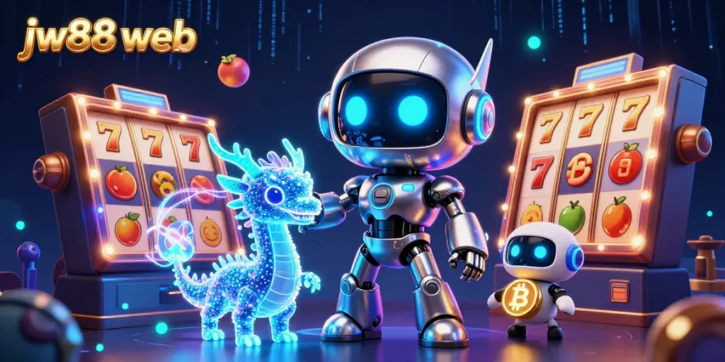 Engage with jw88 web's immersive casino atmosphere featuring a cyberpunk robot, holographic dragon, and Bitcoin drone.