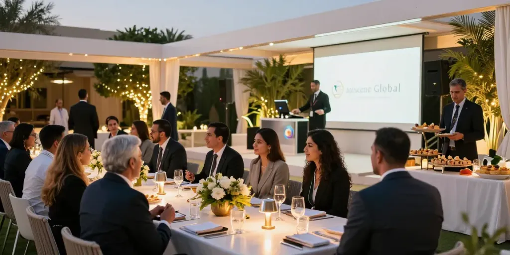 Corporate outdoor event showcasing event rental ksa features in Riyadh with elegant setup and networking atmosphere.