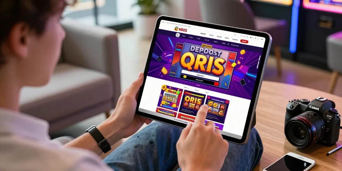 Engaging scene showcasing a user exploring slot deposit qris options online, with dynamic visuals and modern tech setup.