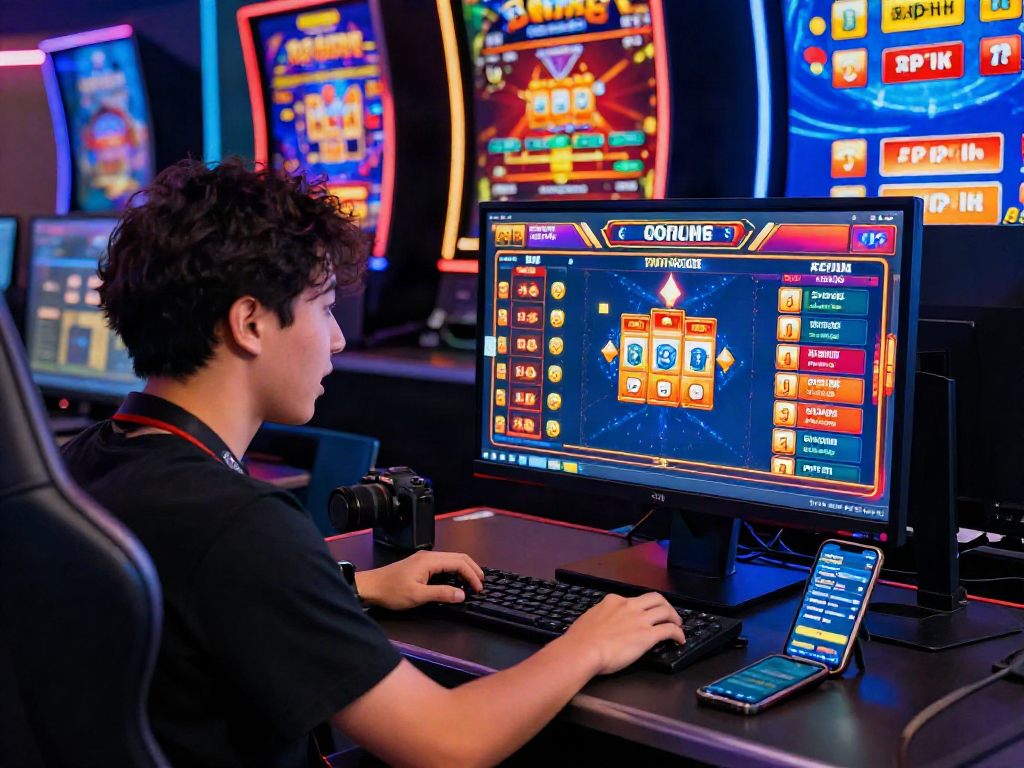 Engaging scene of a player immersed in togel online gaming with modern gadgets and vibrant visuals.
