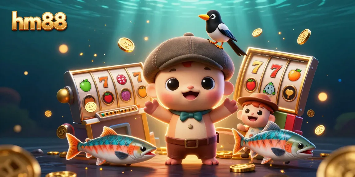 Win at hm88 with a vibrant 3D illustration featuring a playful baby Nessie and casino elements.
