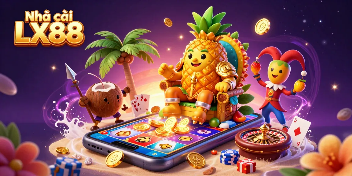 Engage with the vibrant gambling atmosphere at Nhà cái LX88 featuring a golden pineapple king in a casino scene.