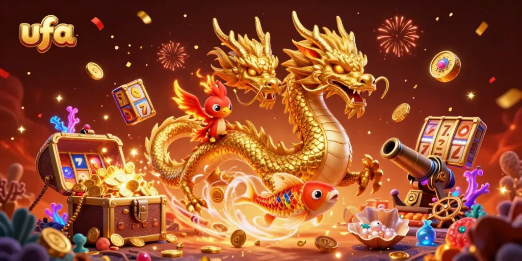 ภาพการ์ตูน 3D ของ ufa ที่มีมังกรจีนทองคำและนกฟีนิกซ์กลางแจ้ง