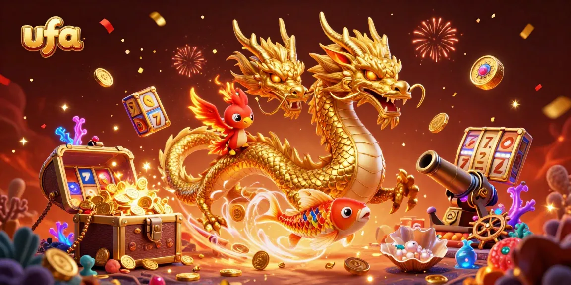 ภาพการ์ตูน 3D ของ ufa ที่มีมังกรจีนทองคำและนกฟีนิกซ์กลางแจ้ง
