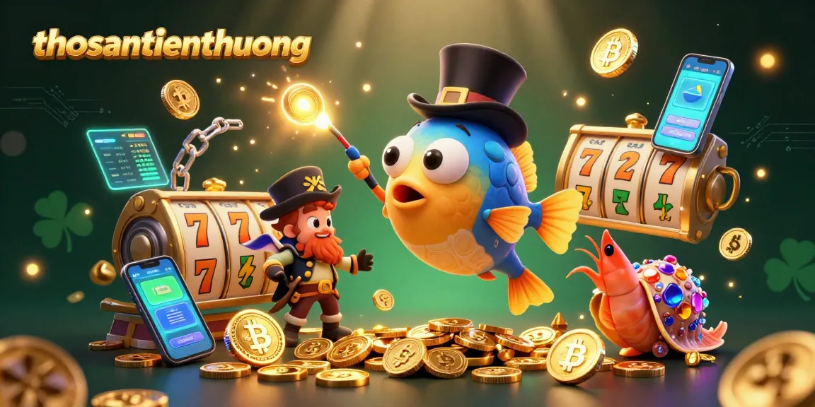 Experience thrilling gameplay with thosantienthuong in a vibrant 3D illustration highlighting anglerfish, gold coins, and rich casino elements.
