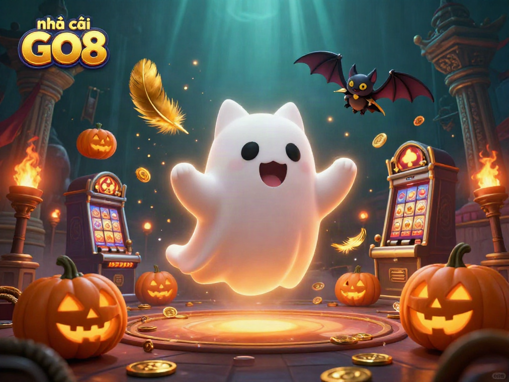 Engage with nhà cái GO8 in this vibrant casino scene featuring a ghost cat and bat.