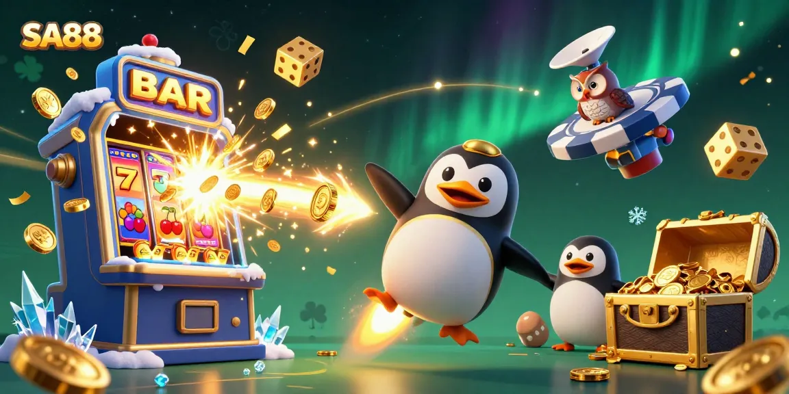 SA88 engages players with a golden penguin and jackpot slot explosion in a dynamic casino scene.