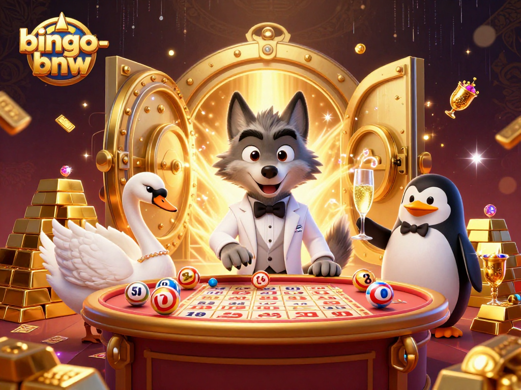 Engage in bingo-bnw excitement with our joyful penguin, elegant swan, and debonair wolf!