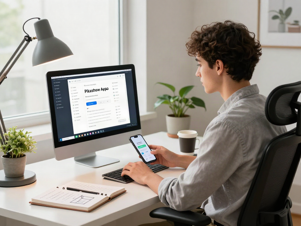 Download Pikashow Apk on a laptop display in a modern home office.