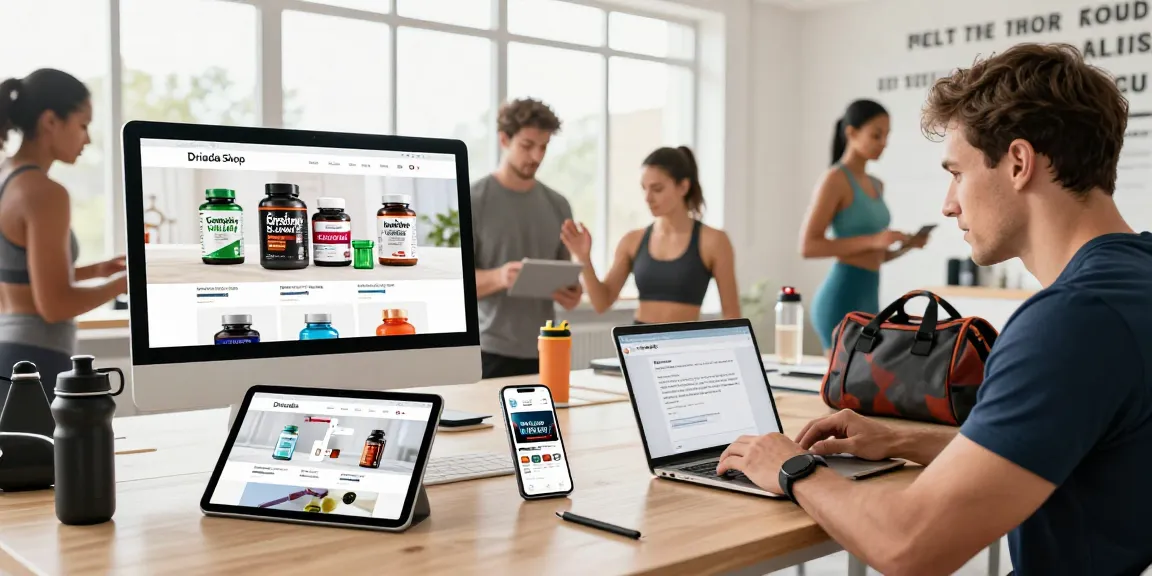 Engaged shoppers exploring Driada Shop's anabolic steroids and health products in a vibrant fitness e-commerce environment.