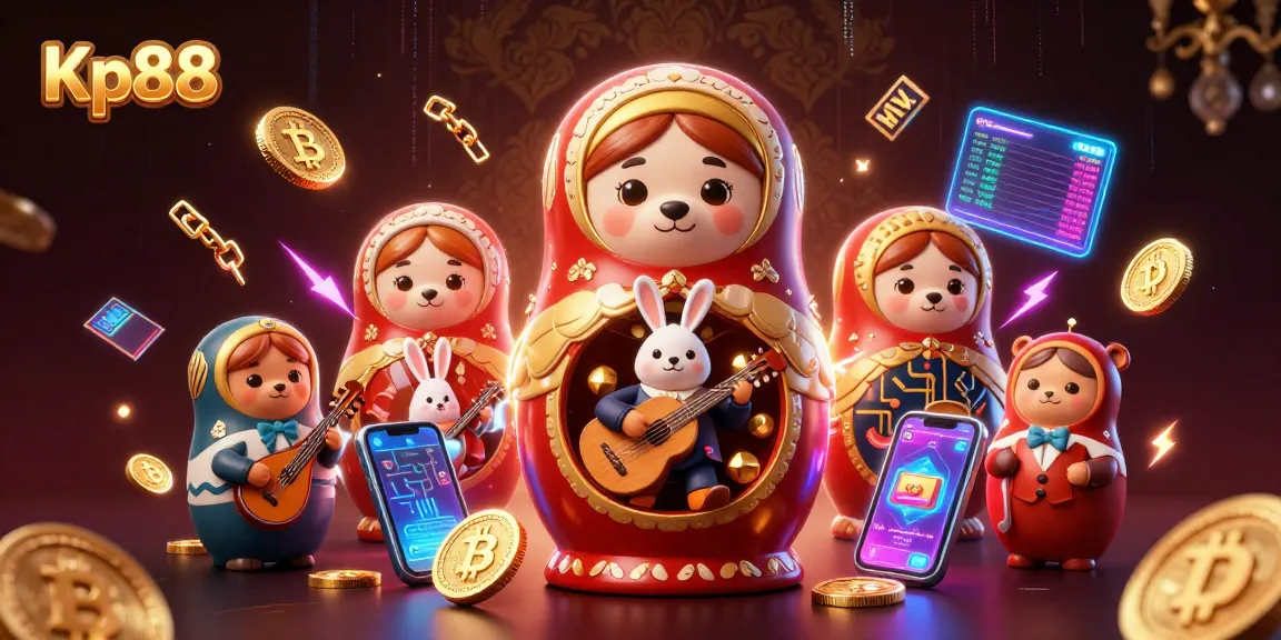 Kp88 Casino attracts players with vibrant bears and dynamic crypto elements in a detailed scene.