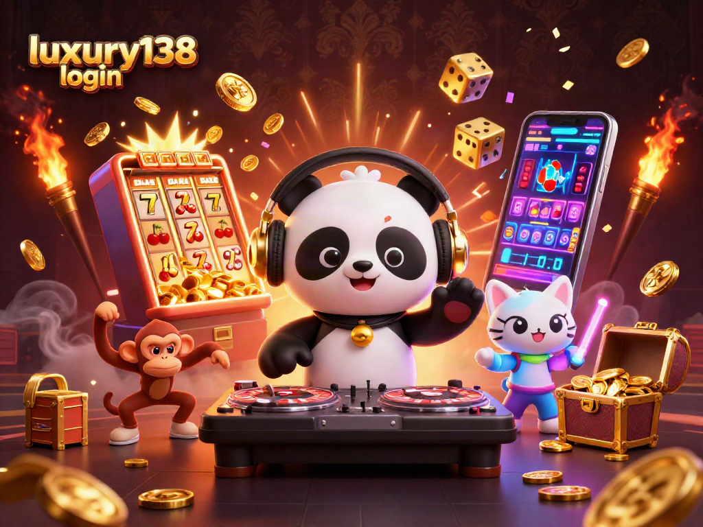 Login luxury138 dengan slot yang menguntungkan, DJ panda, dan sinar jackpot berkilauan.