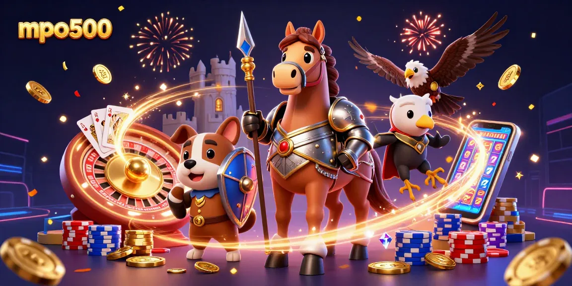 Experience mpo500 action with a medieval knight, puppy, and falcon amidst vibrant casino elements.