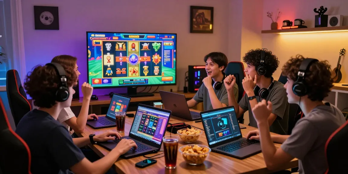 Group enjoying slot gacor gaming with laptops and snacks in vibrant room