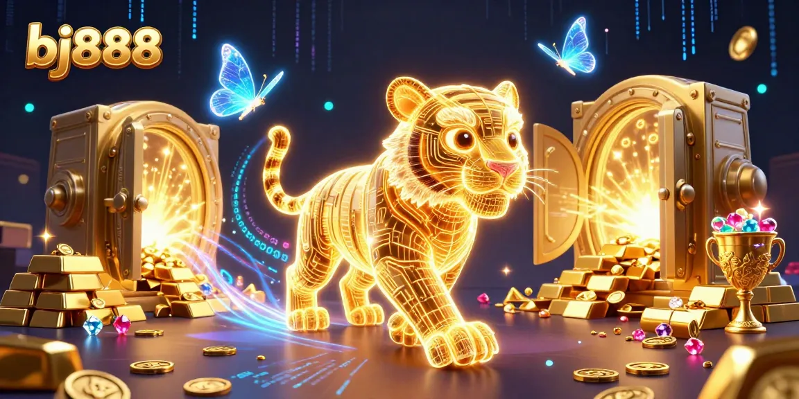 Experience excitement at bj888, where a golden tiger roams a vibrant casino filled with treasures.