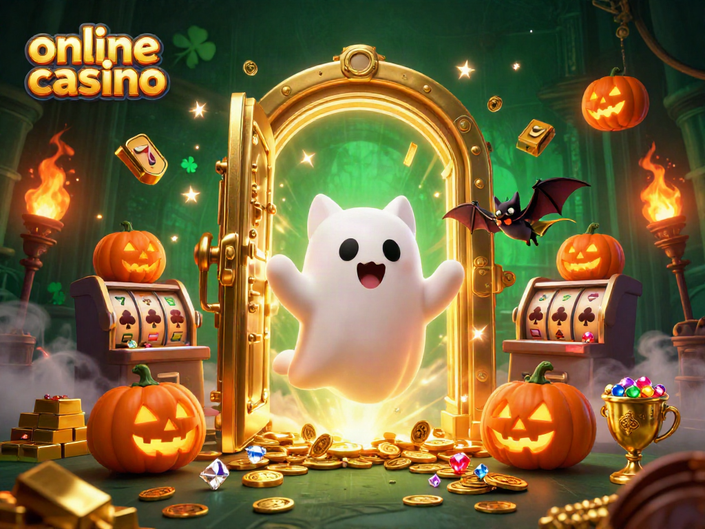 Engage with the thrilling online casino experience featuring a ghost cat, vampire bat, and glowing jack-o-lanterns.