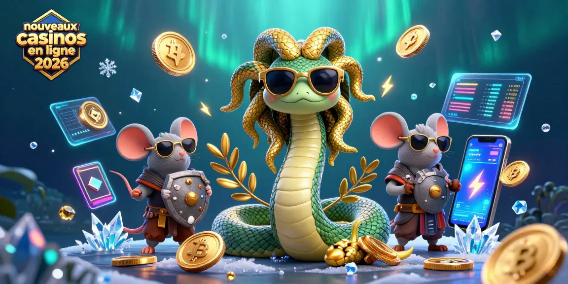 Illustration captivante pour nouveaux casinos en ligne 2026 mettant Medusa et guerrier autour de pièces de crypto-monnaies.