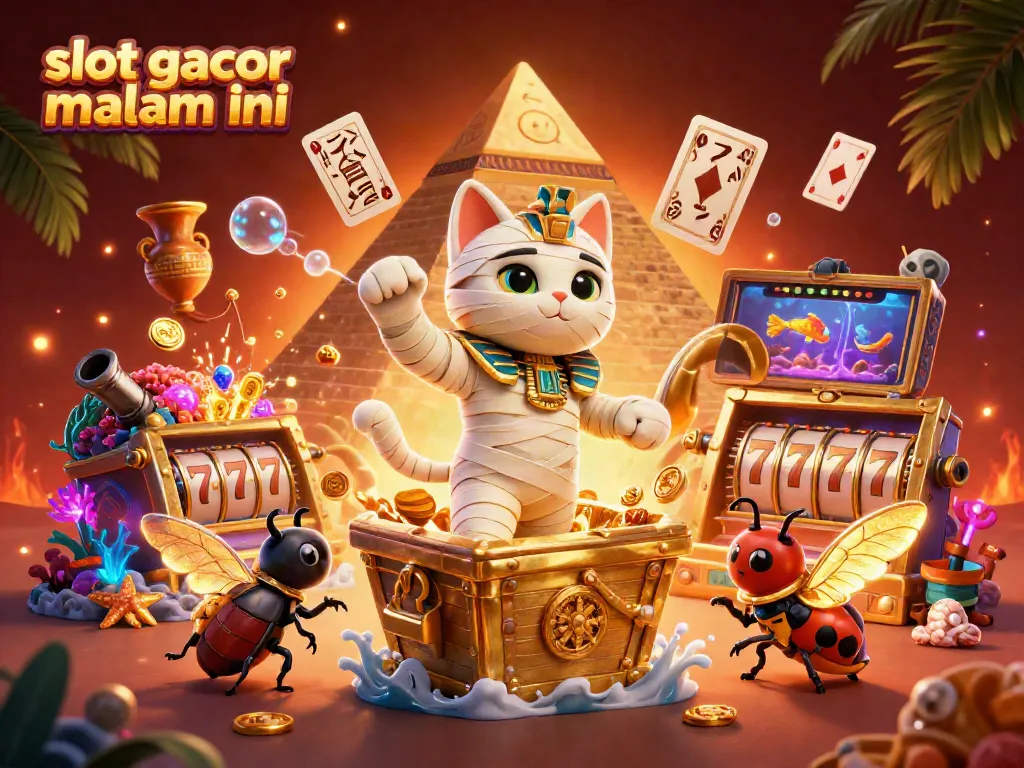 Menangkan slot gacor malam ini dengan ilustrasi 3D kucing mumia Mesir di kasino piramida yang penuh warna.