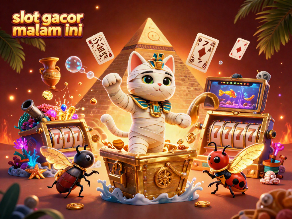 Menangkan slot gacor malam ini dengan ilustrasi 3D kucing mumia Mesir di kasino piramida yang penuh warna.