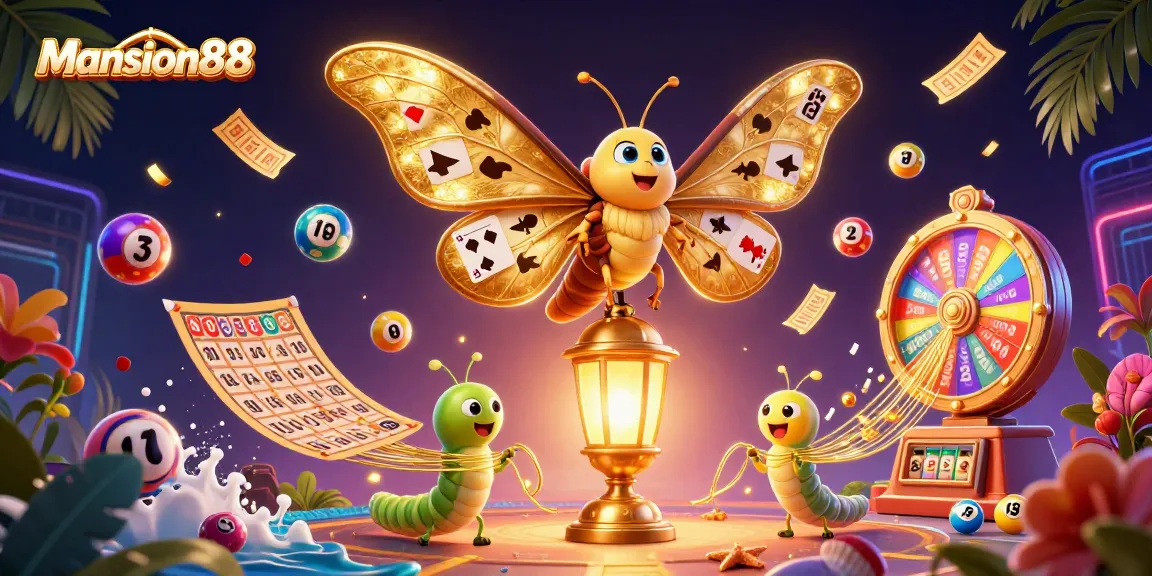 Mansion88 brings excitement alive with vibrant lottery elements and a majestic moth illustration.